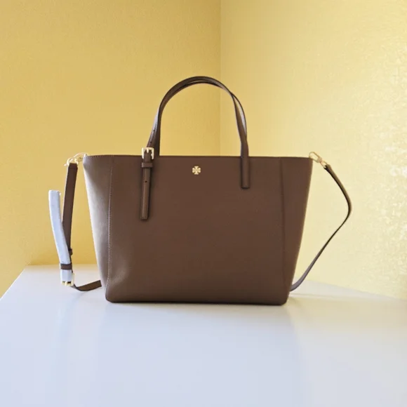 Tory Burch Emerson Top Zip Tote Moose Brown Saffiano Leather Crossbody Bag - Picture 3 of 16